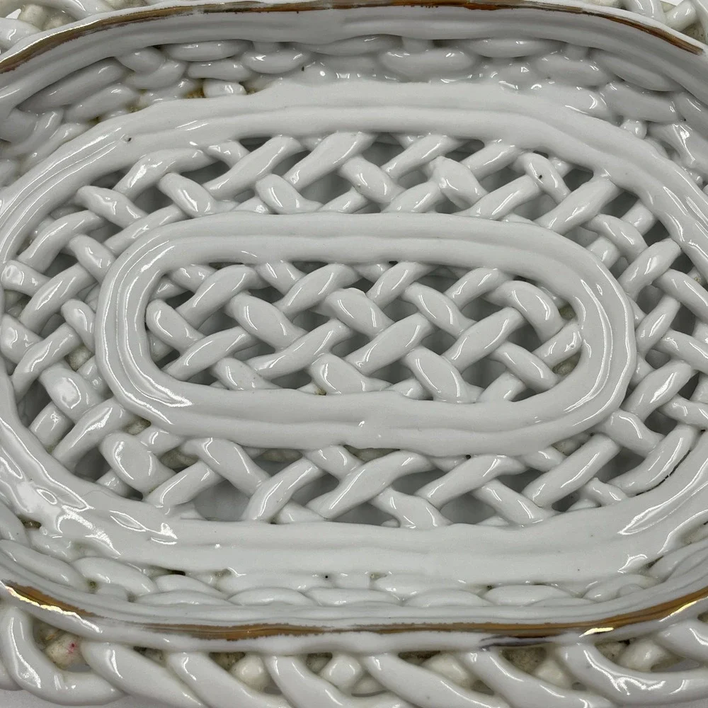 White Ceramic Lattice Woven Basket Oval Trinket Dish Pink Blue Applied Flowers